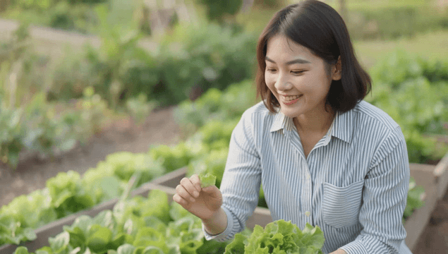 Smiling woman harvesting lettuce in a garden