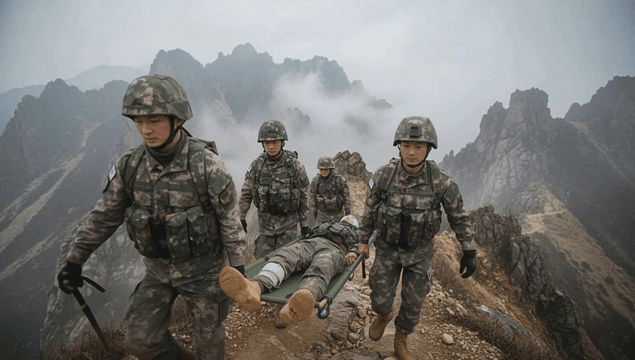 Soldiers carrying a stretcher on a mountain