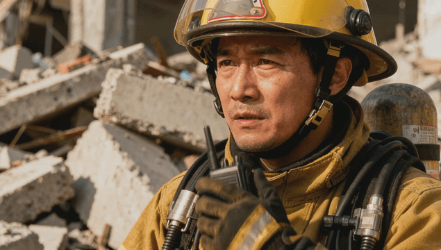 Firefighter communicating via radio in disaster zone