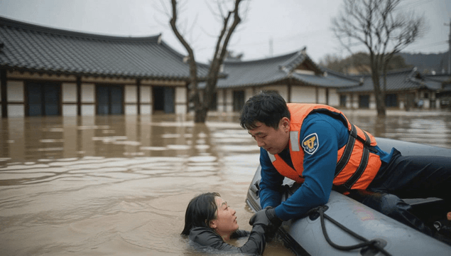 Rescue worker operating during flood emergency