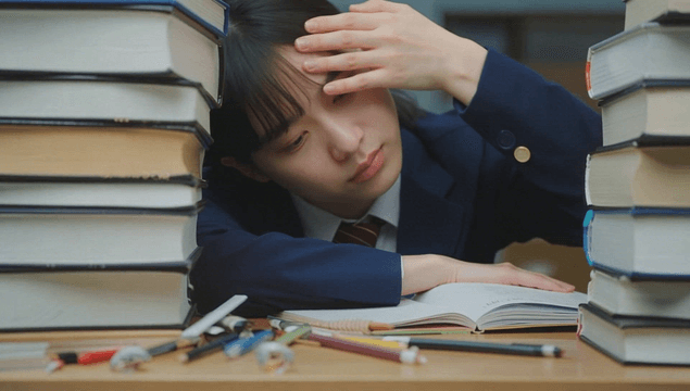 Female student studying among stacked books