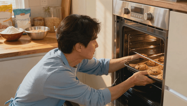 Man baking cookies in cozy kitchen