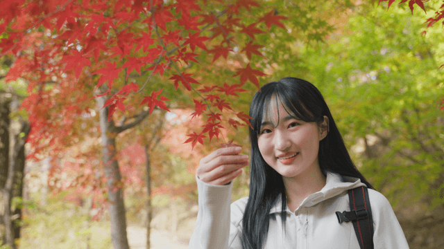 Young woman smiling while holding autumn leaves in mountain