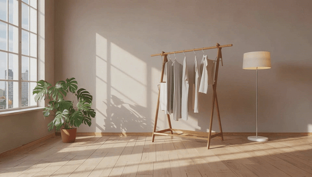 Sunlit room with clothes rack and plants
