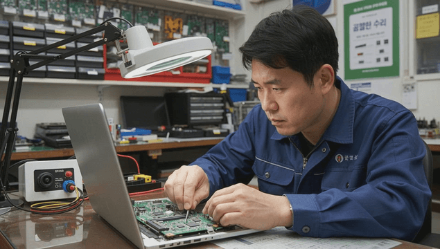 Technician repairing laptop in workshop