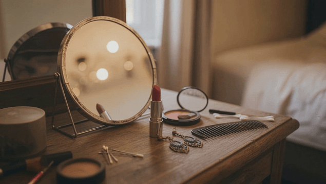 Busy vanity with various cosmetics