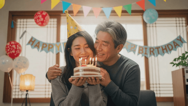 Middle-aged father celebrating his young daughter's joyful birthday