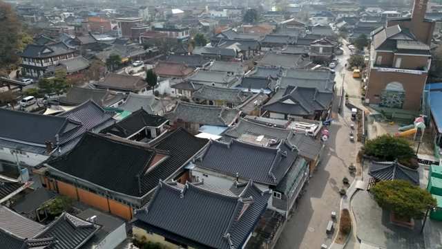 Traditional Hanok village with tiled roofs
