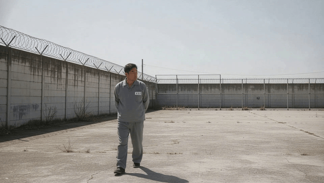 Male prisoner walking alone in a courtyard beneath prison bars