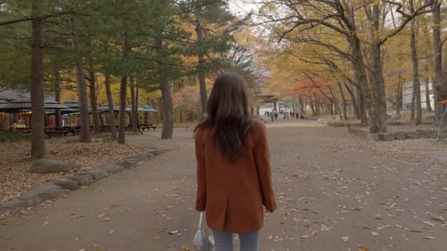 Woman walking through a scenic autumn path