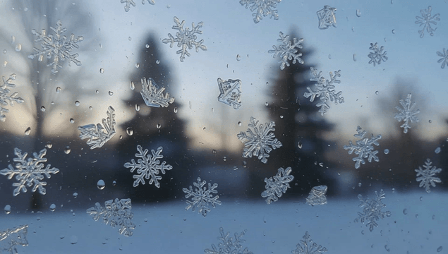 나무 배경의 창문에 있는 눈송이