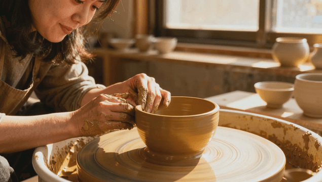Woman making pottery in a sunlit room