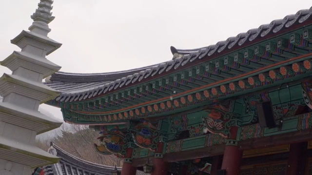 Traditional Korean temple architecture with snow falling