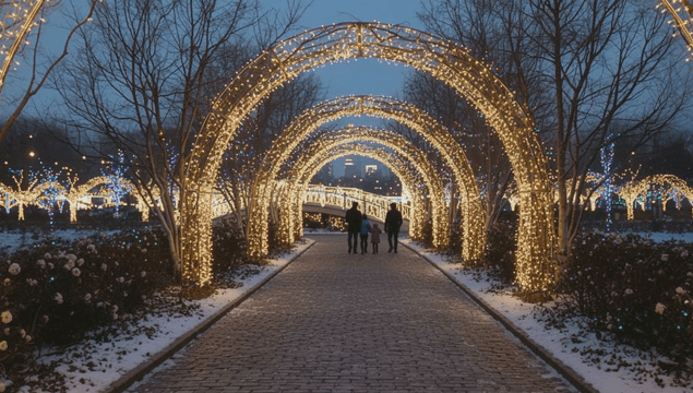 크리스마스 겨울밤 조명 거리에서 함께 걷는 가족