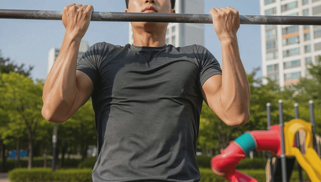 Young man doing pull-ups at apartment playground