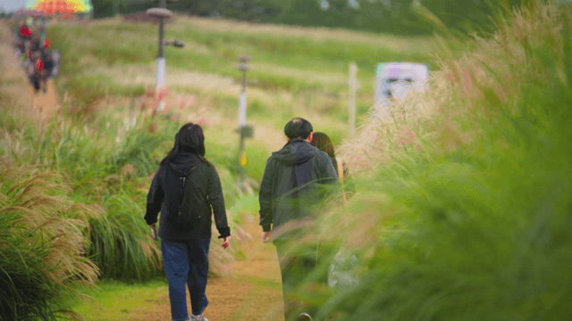 Family walking along an autumn meadow path