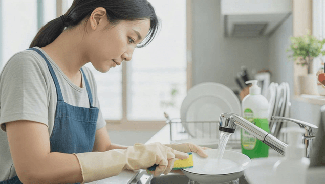 Woman washing dishes in a bright kitchen