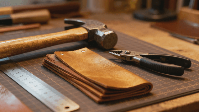 Tools and leather on a workbench