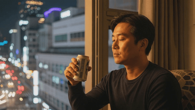 Man enjoying canned beer at a city window at night