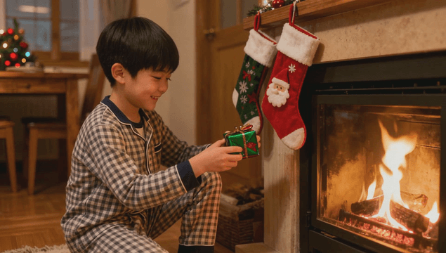 벽난로 옆에서 선물을 들고 있는 아이