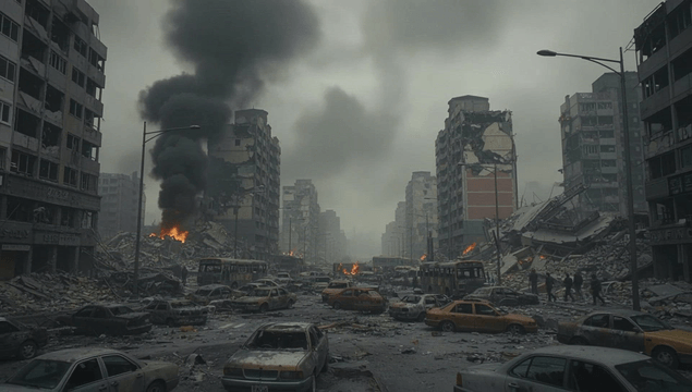 Devastated city with smoke and ruins