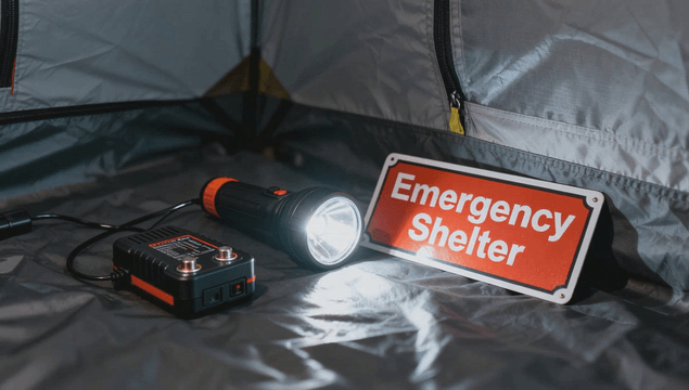 Emergency shelter tent with flashlight and sign