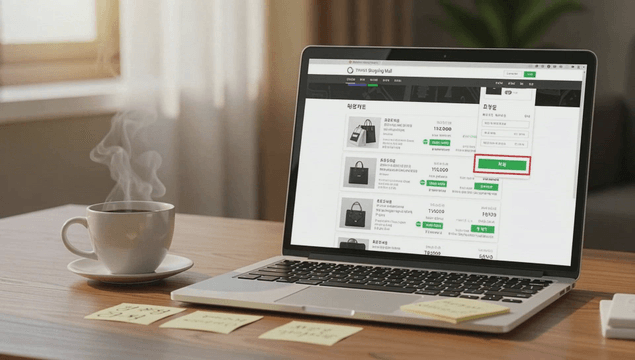 Laptop showing a shopping mall screen on a desk with a coffee cup