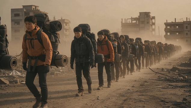Refugees walking through dusty ruins
