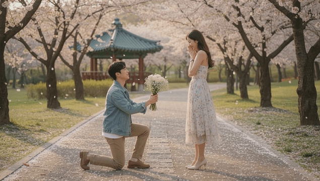 Couple proposing on cherry blossom path