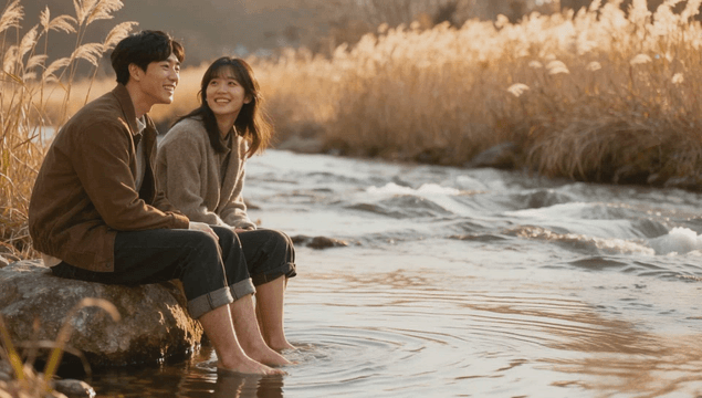 Couple sitting by a calm autumn riverside