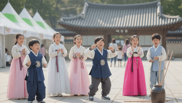 Children cheering while playing Tuho in Hanbok