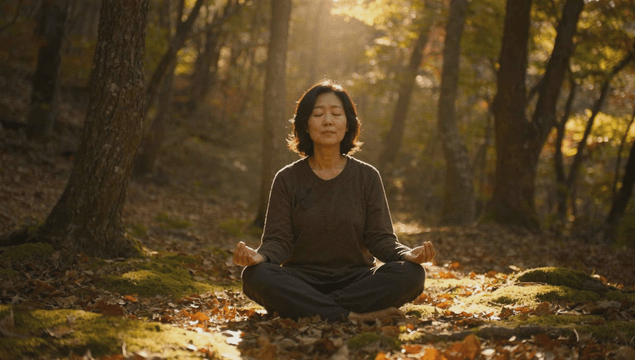 Middle aged woman meditating in quiet forest
