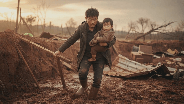 Man carrying a child walking through muddy debris path