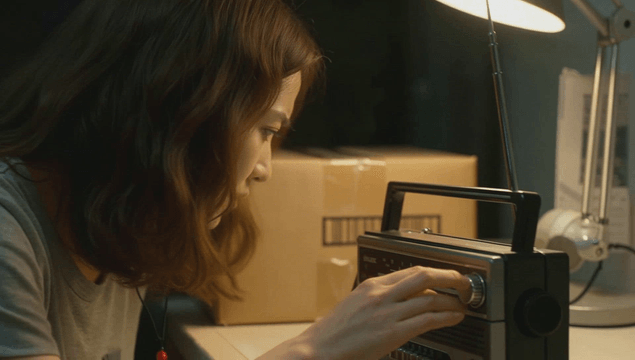 램프 아래서 라디오를 조정하는 젊은 여성