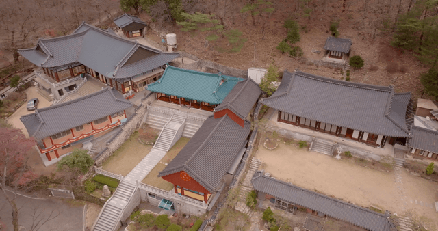 Traditional Korean temple in a forest