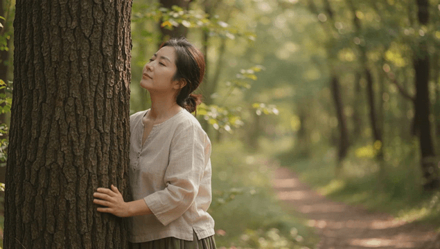 숲속에서 나무에 기대 앉아 자연을 즐기는 여성