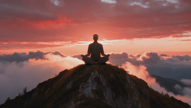 Person meditating on a mountain at sunset