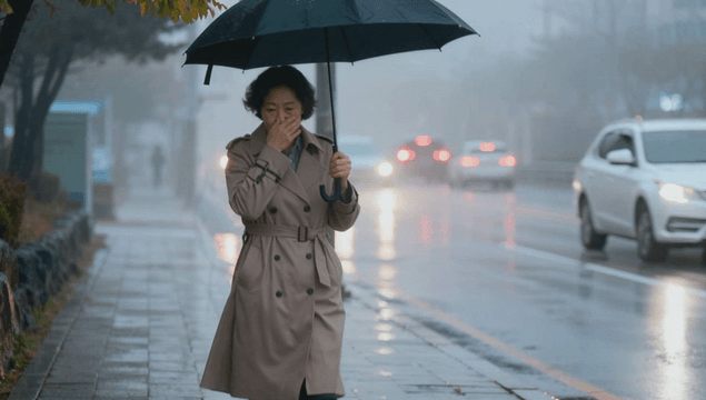 Middle-aged woman walking with umbrella on rainy day