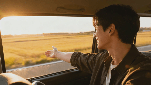 Man enjoying a drive from the back seat at sunset