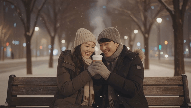 Couple sharing a warm drink on a snowy bench