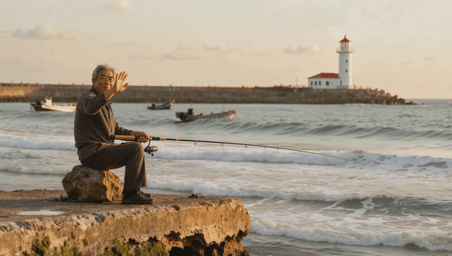 Older man fishing by seaside