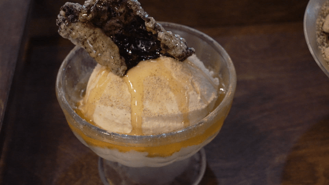 Ice cream topped with sesame oil and seaweed chips