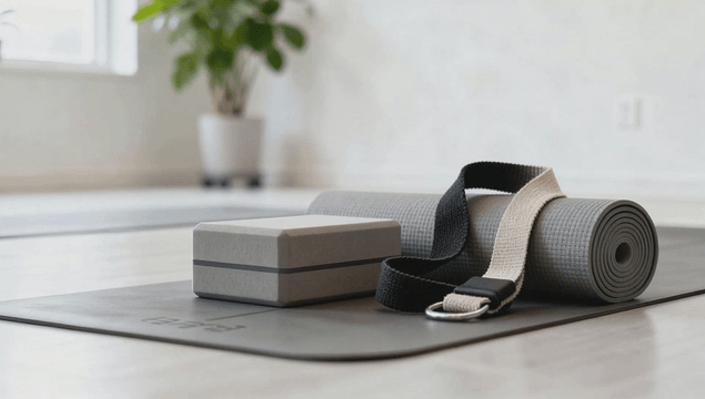 Yoga mat and accessories in bright room