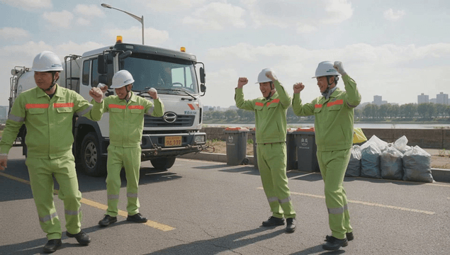 Sanitation workers cheering before road sweeper work