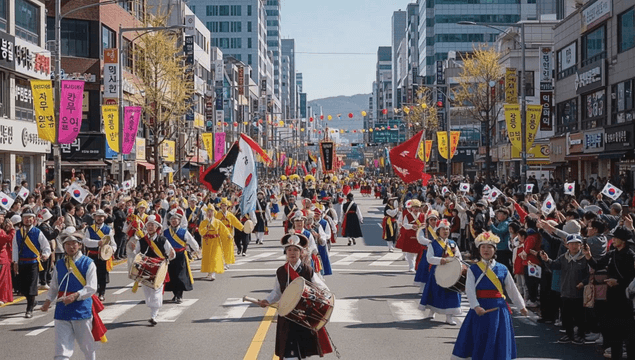 도시 거리에서의 전통 한국 퍼레이드 행진