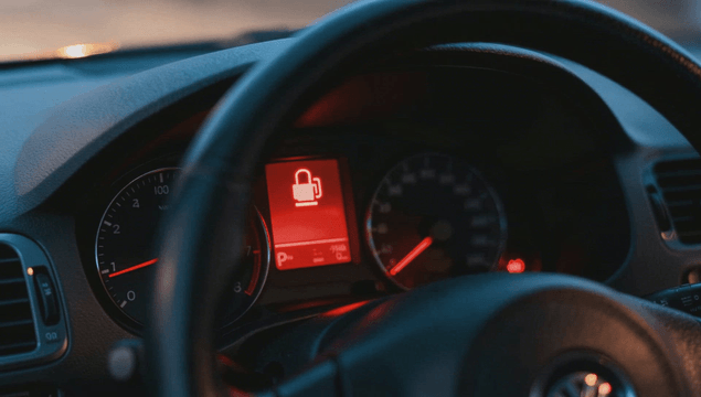 Car dashboard with illuminated warning light