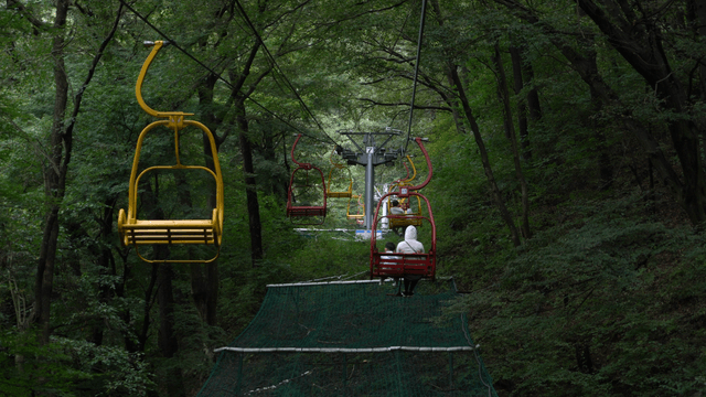 Cable car ascending Mudeung mountain through forest