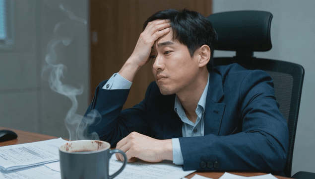 Exhausted office worker in a suit doing paperwork