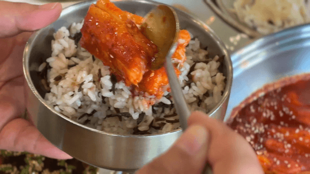 Spicy boneless cutlassfish stew served over Jeju seaweed rice
