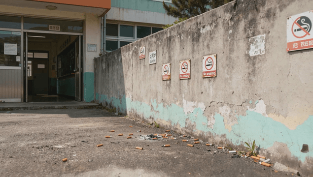 Cigarette butts scattered near a building
